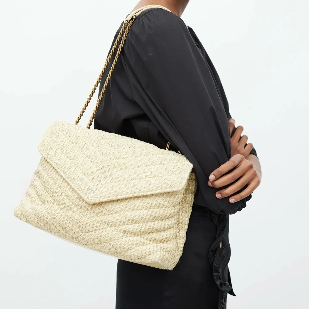 Straw Raffia Cream Tan Chevron Flap Shoulder Crossbody Bag - Picture 8 of 9